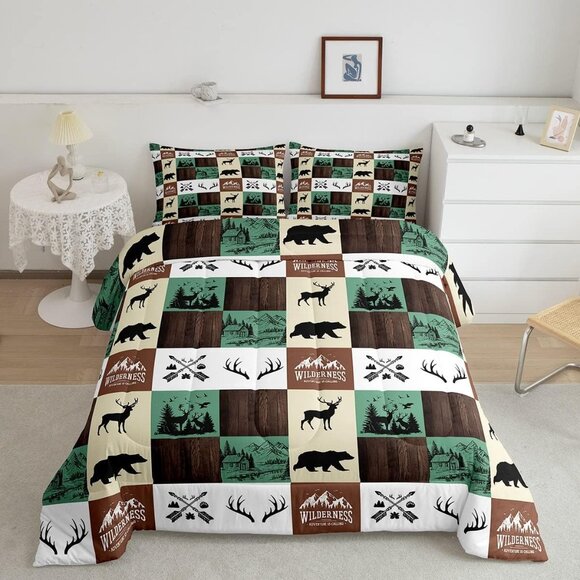 New 3 PC Rustic Hunting Bear & Deer Patchwork Comforter Set • KING Size - Picture 2 of 5
